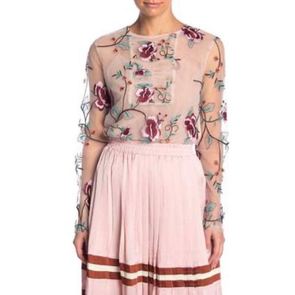 Anthropologie Endless Rose Long Sleeve Round Neck Embroidered Floral Mes… - Picture 1 of 10